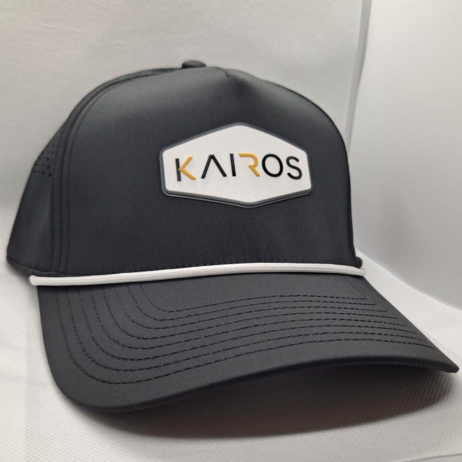 KAIROS Black Five Panel White Rope Mid Crown Performance PVC Patch Hat