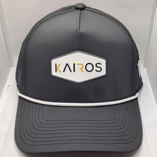 KAIROS Black Five Panel White Rope Mid Crown Performance PVC Patch Hat